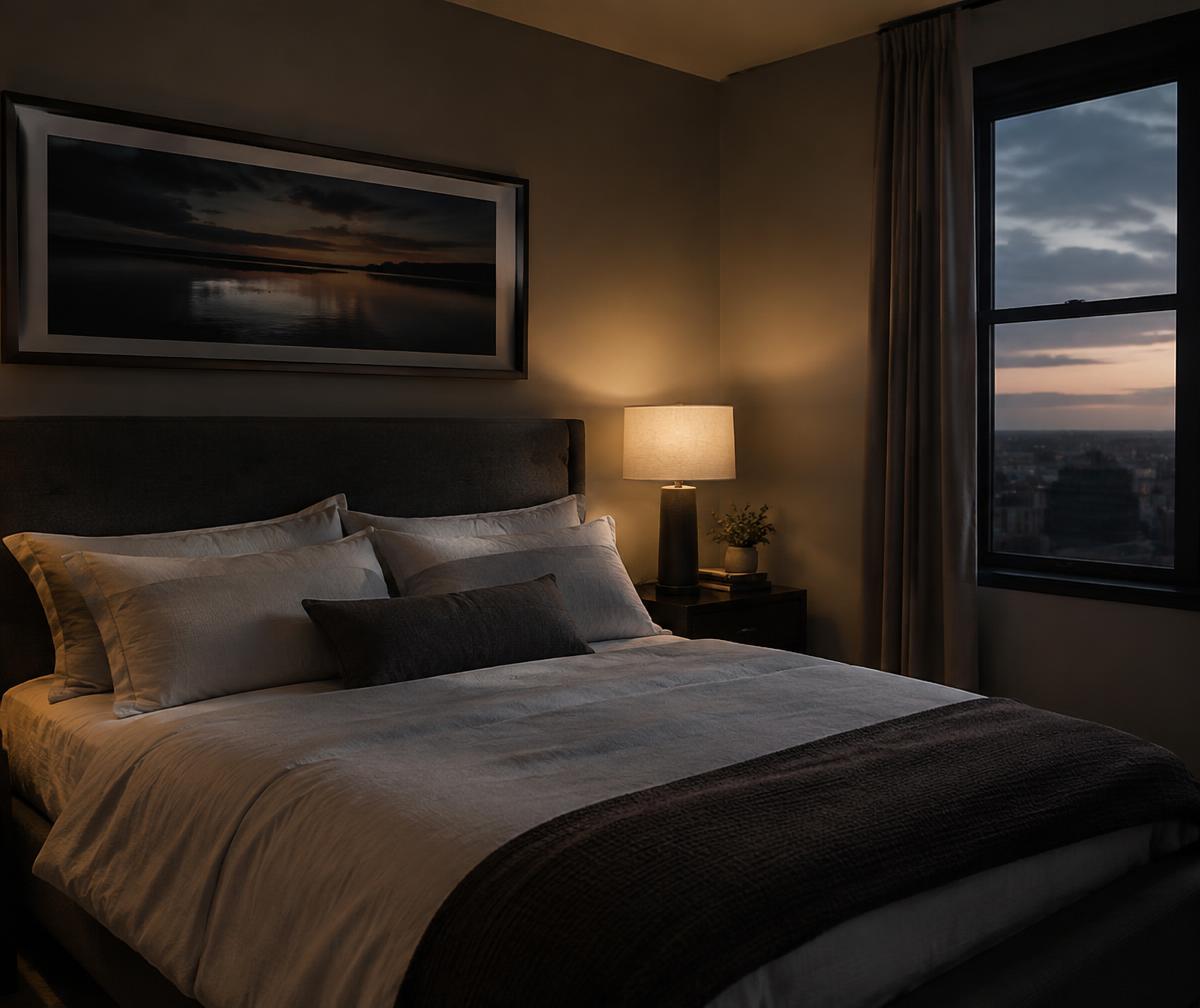 Calm bedroom at dusk with a brand-new mattress and soft lamp light