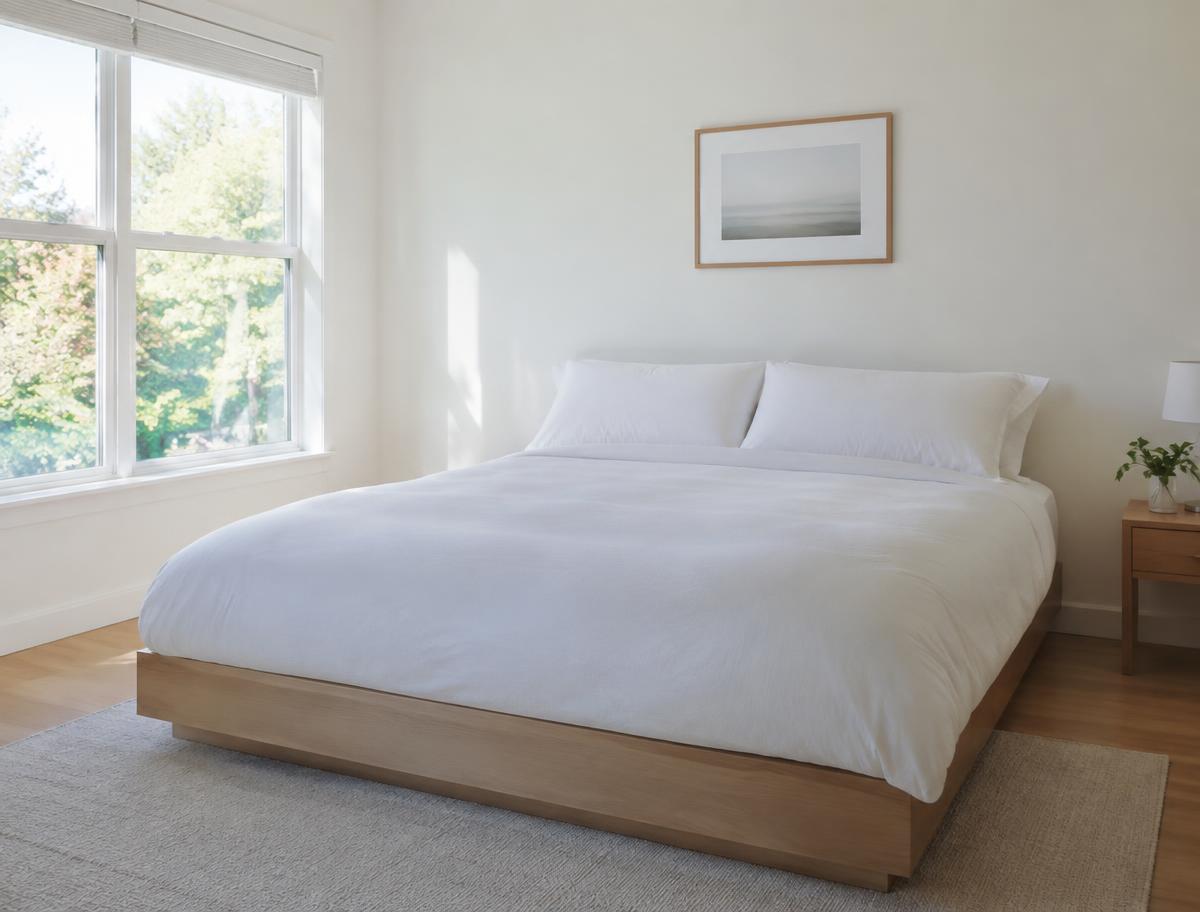 Guest bedroom with a brand-new mattress on a platform bed