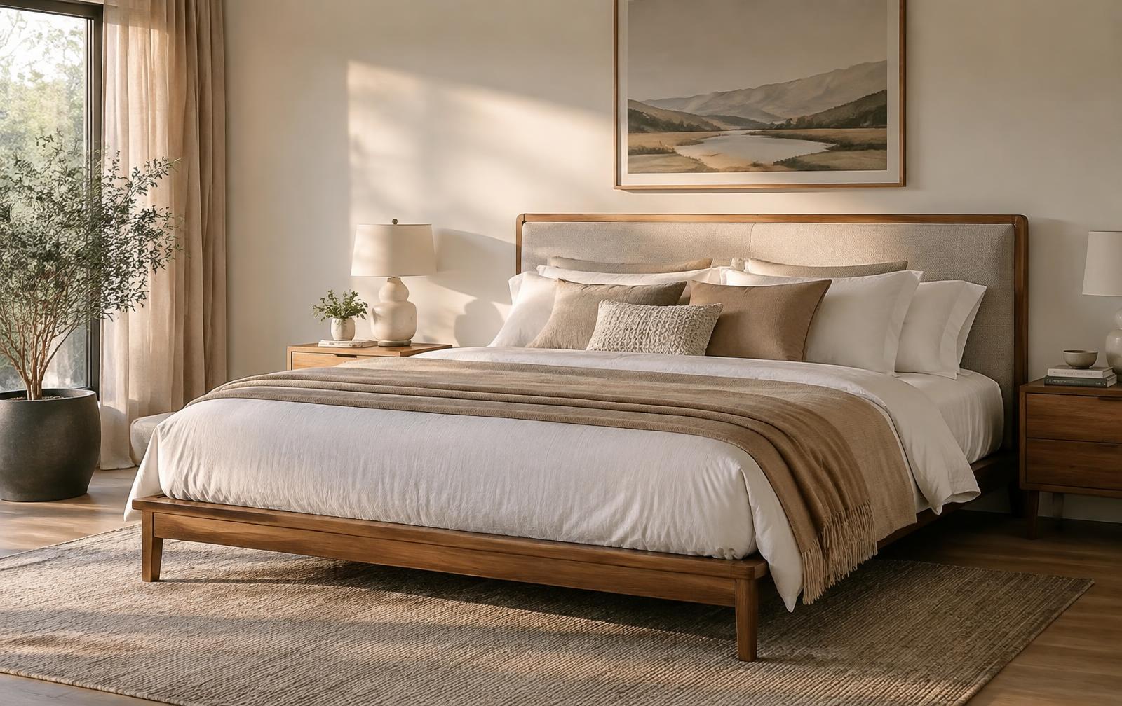 Modern bedroom with a brand-new mattress and layered white bedding