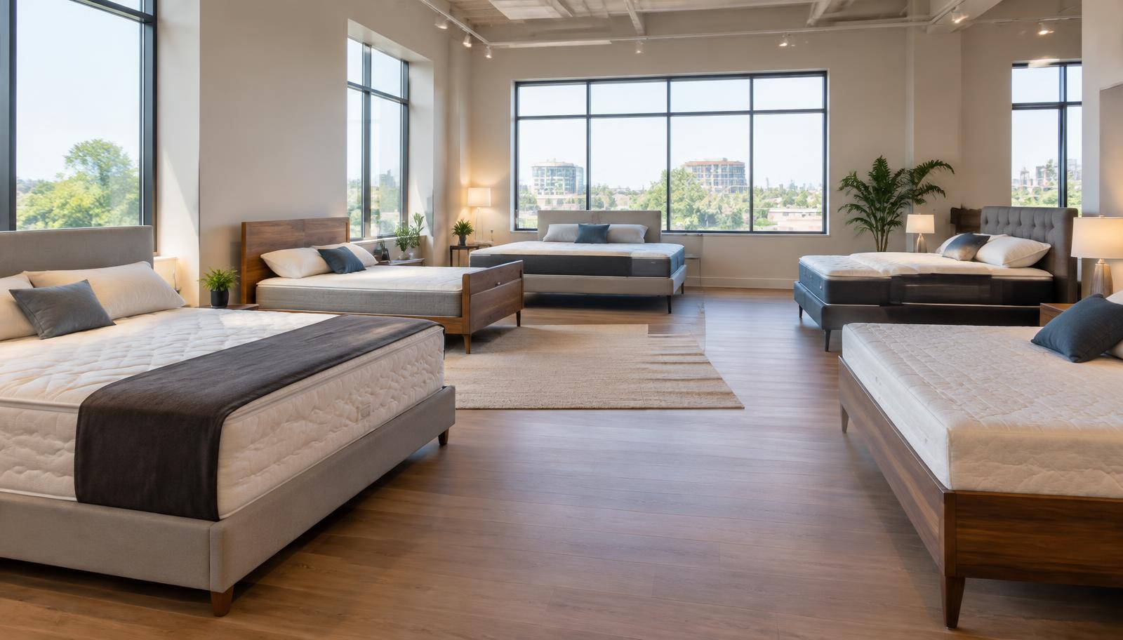 Mattress store floor with several brand-new mattresses on display