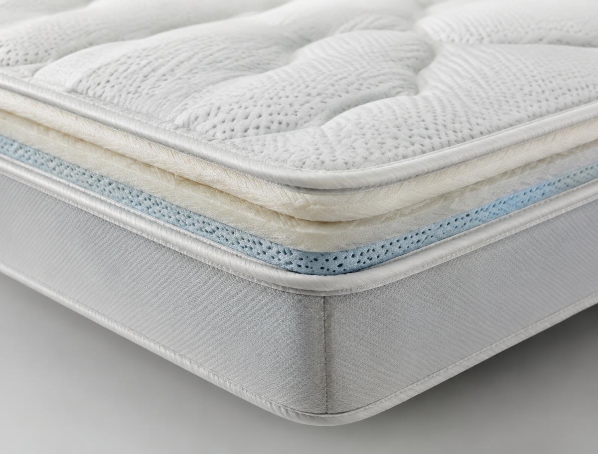 Pillow-top mattress corner showing plush comfort layers