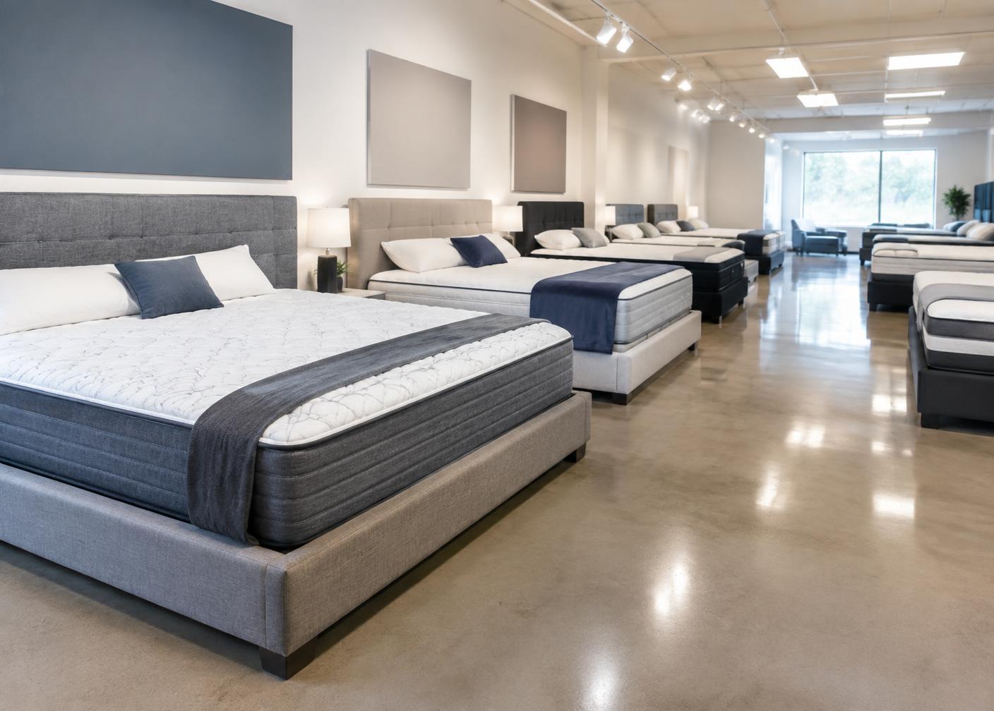 Mattress showroom floor with display beds
