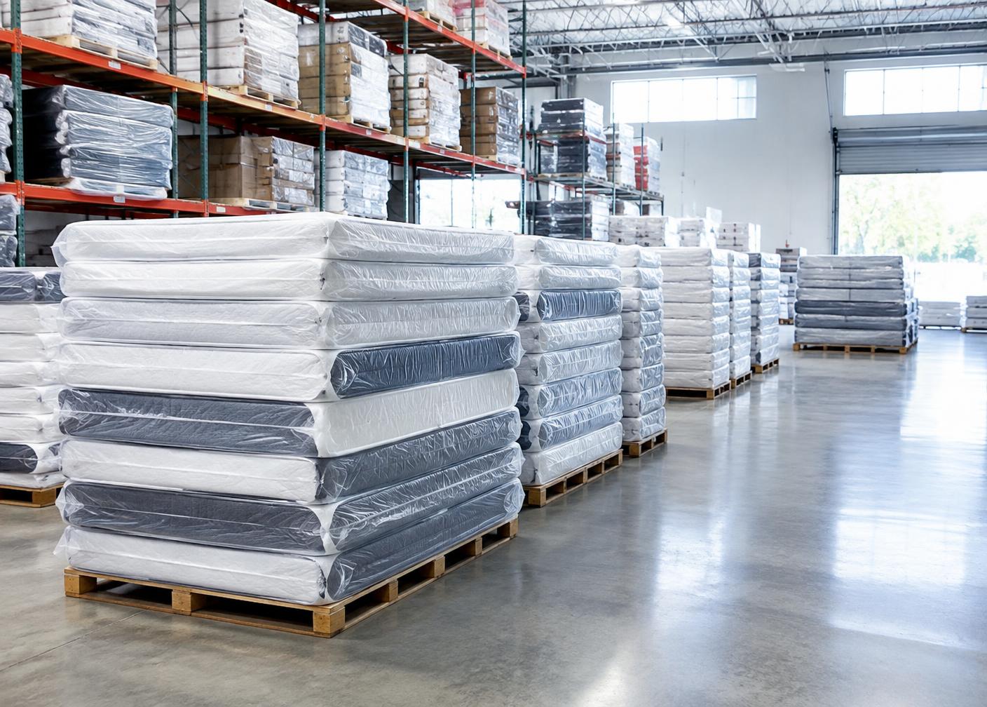 Brand-new mattresses stacked on pallets in a clean warehouse